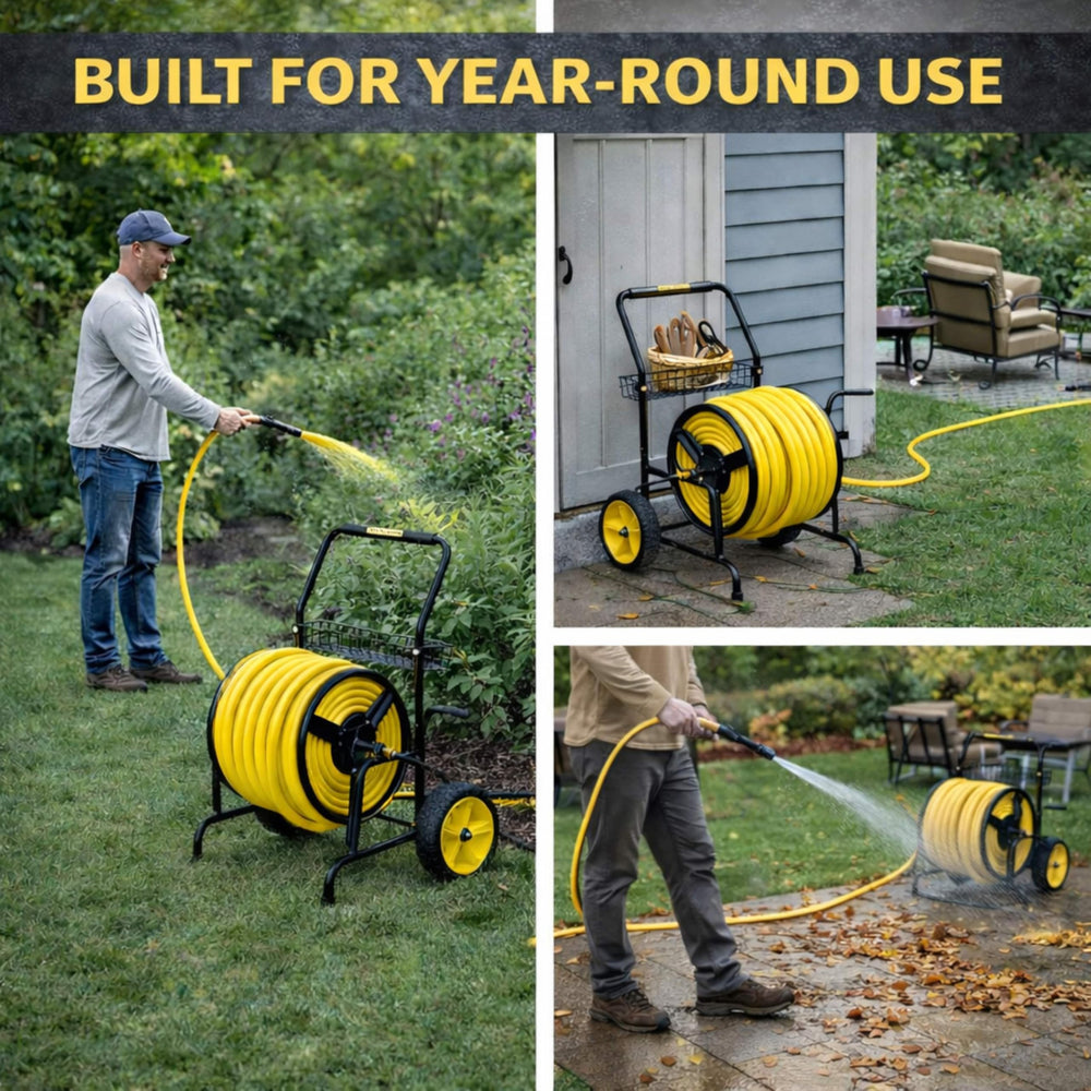 Real Hose Storage foam-padded handle and non-slip crank for comfortable winding control