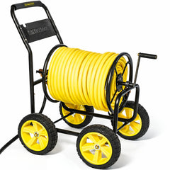 Real Hose Storage front view of metal hose reel cart showing sturdy frame and spool, easy transport