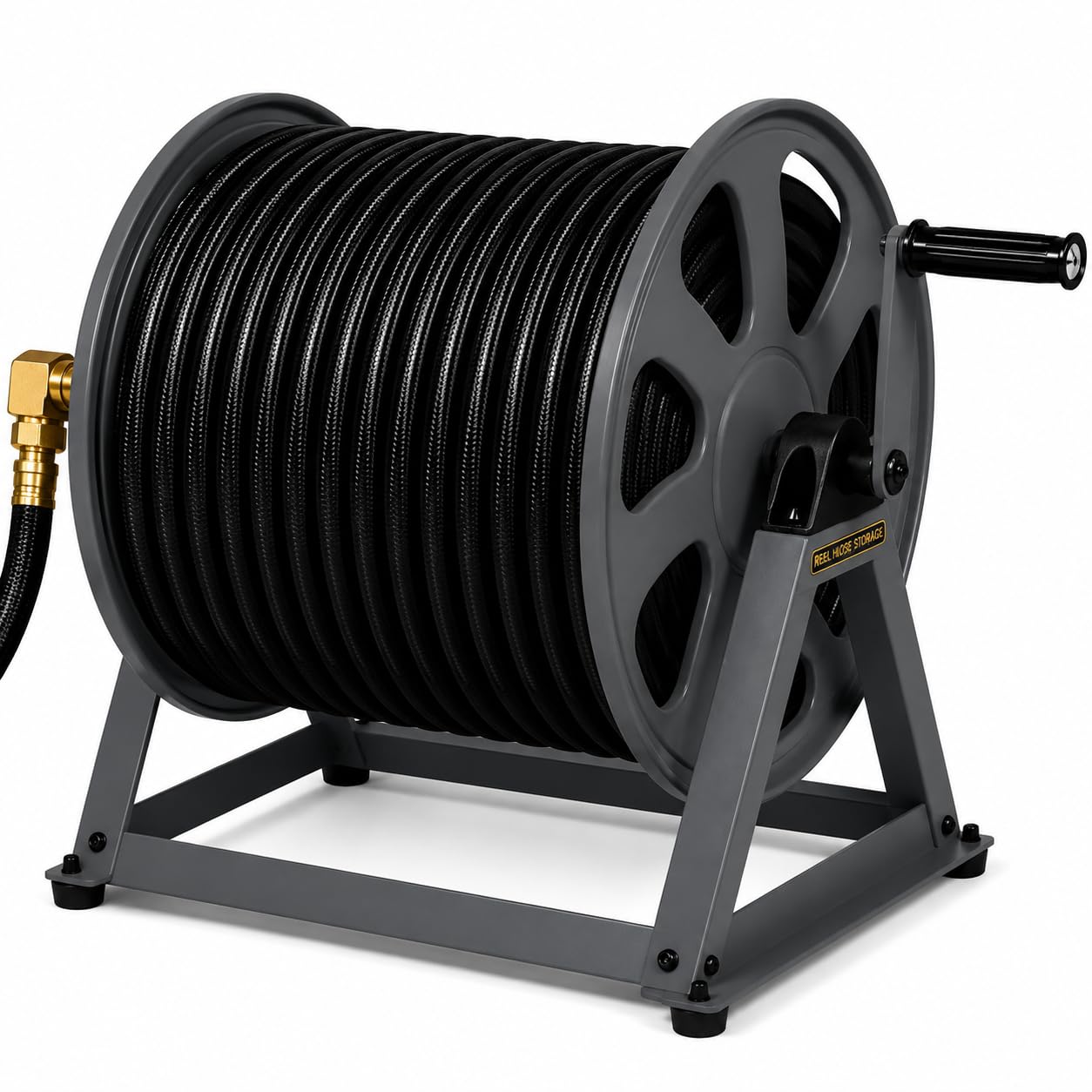 Real Hose Storage front view in graphite showing compact heavy-duty reel benefit