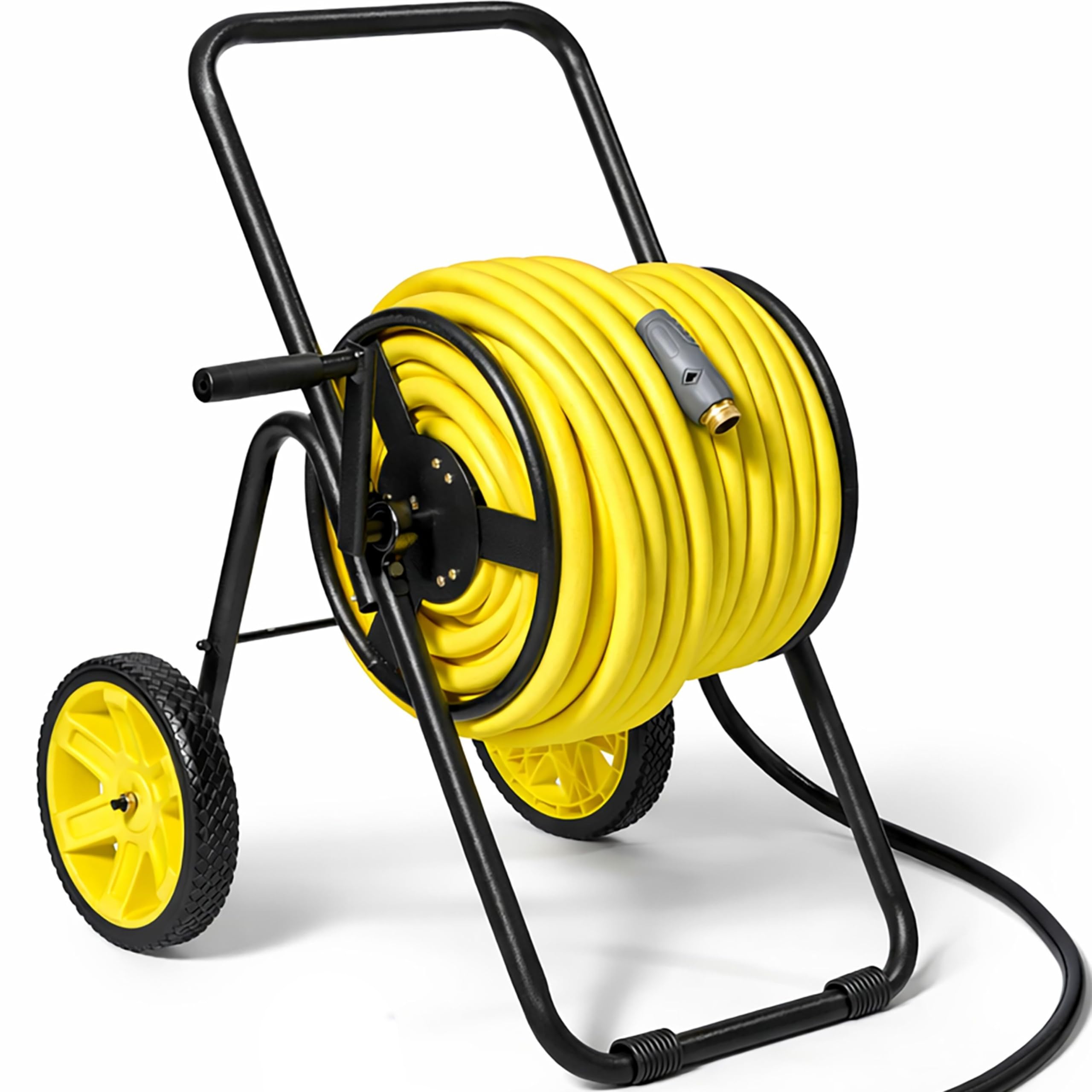 Real Hose Storage front view of metal reel cart showing compact storage benefit