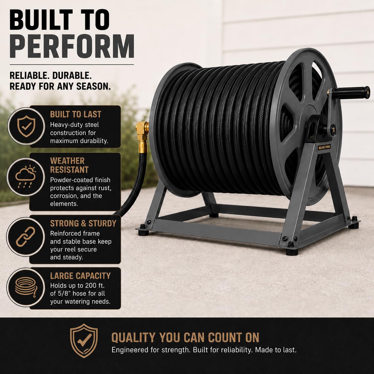 Real Hose Storage loaded with 200ft hose demonstrating high-capacity benefit