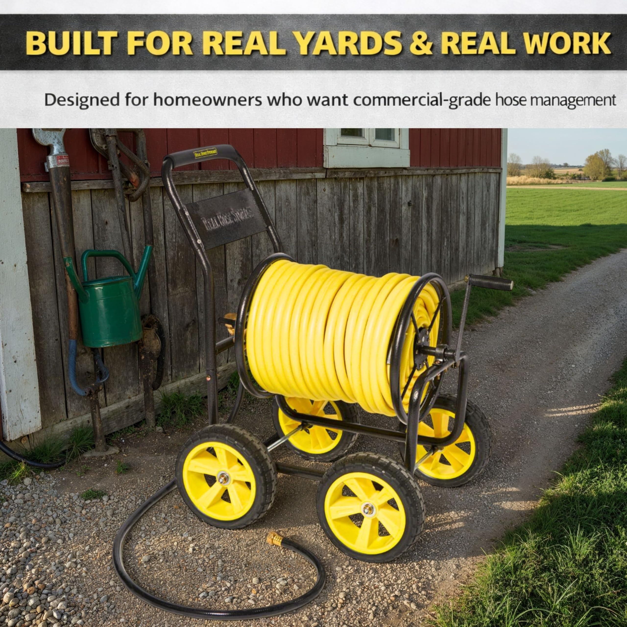 Real Hose Storage cart positioned in a backyard garden showing practical use and reach