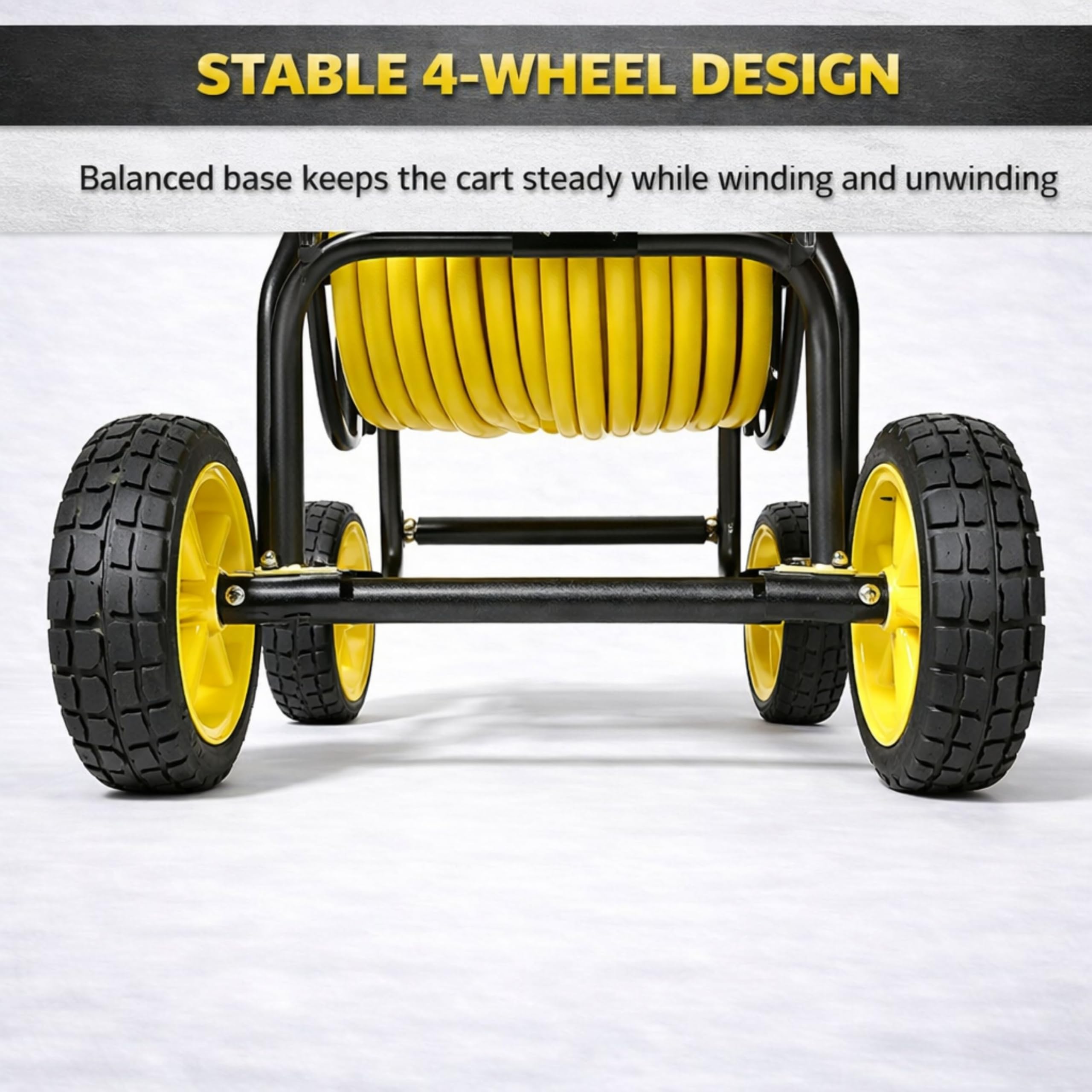 Real Hose Storage powder-coated finish and label highlighting rust-resistant long-term protection