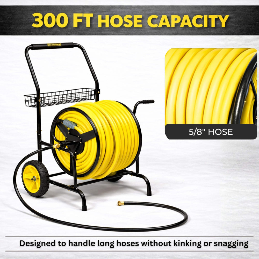 Real Hose Storage lifestyle garden setting of cart in use making watering large yards easier