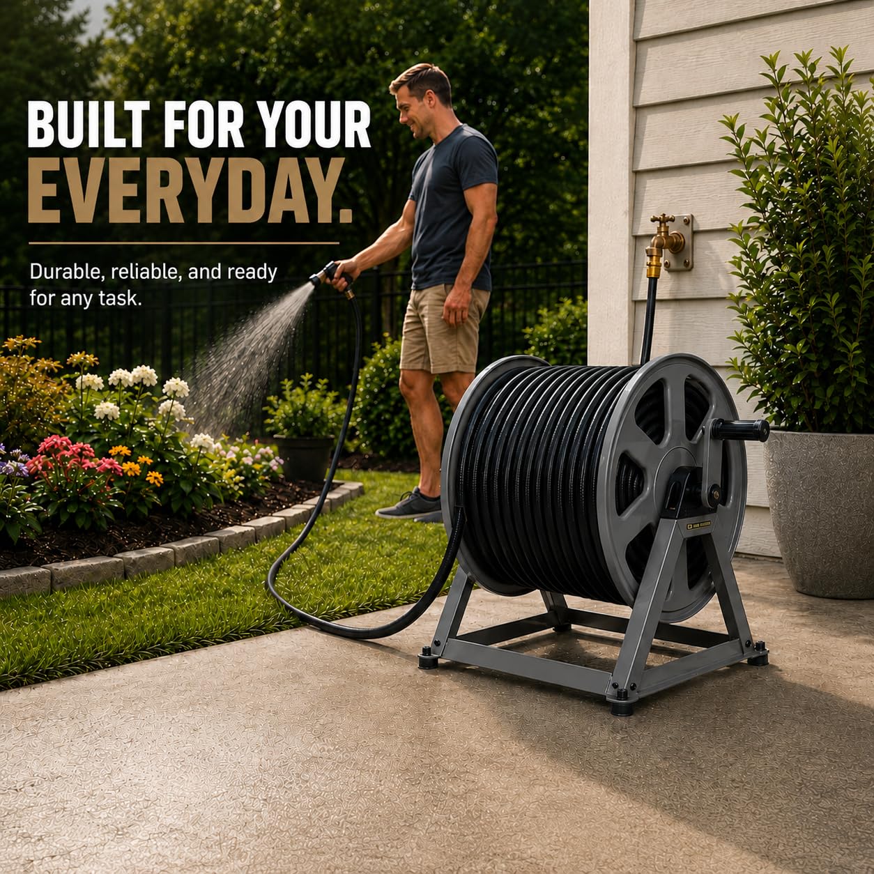 Real Hose Storage side profile mounted on wall for space-saving benefit