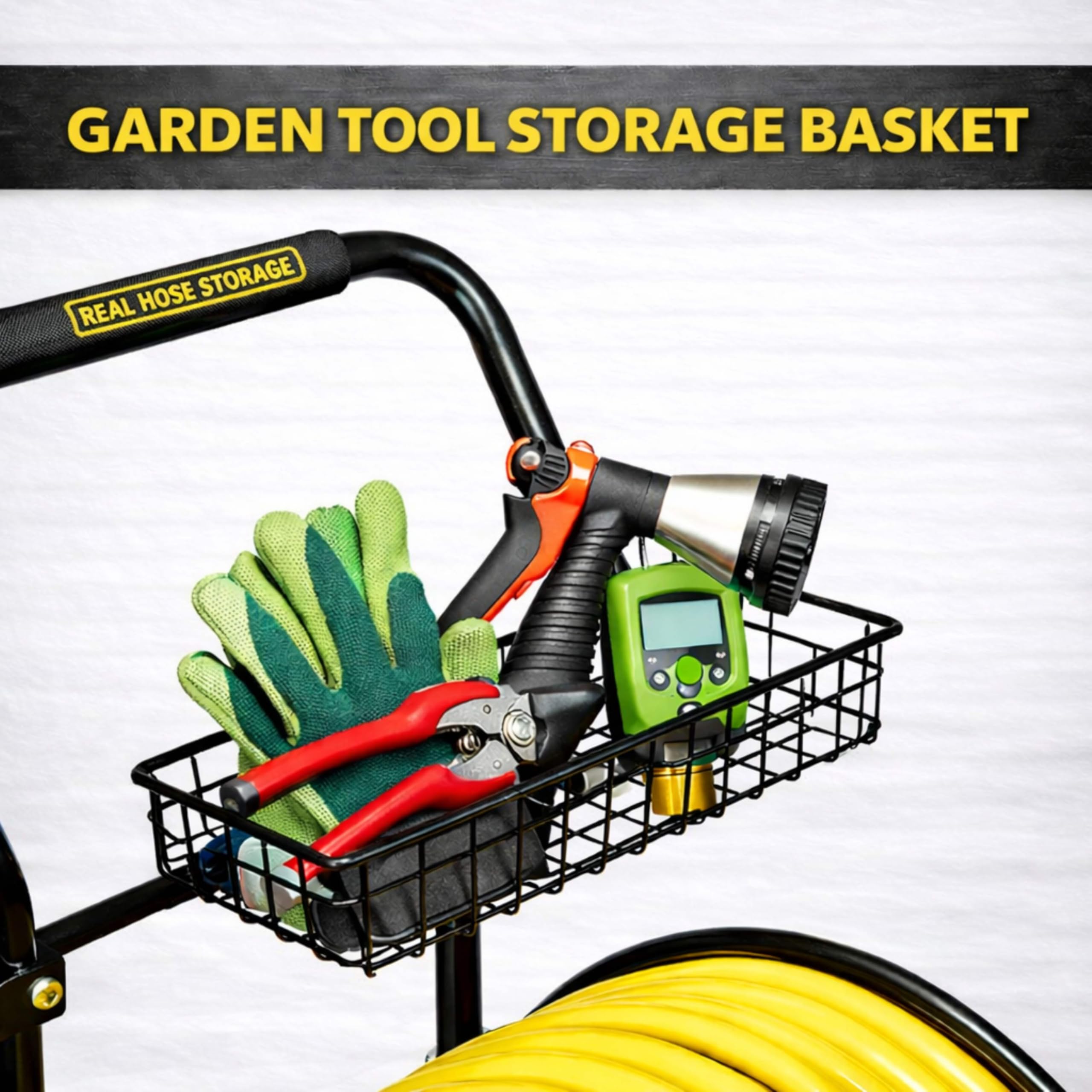 Real Hose Storage storage basket filled with garden tools for convenient on-cart organization