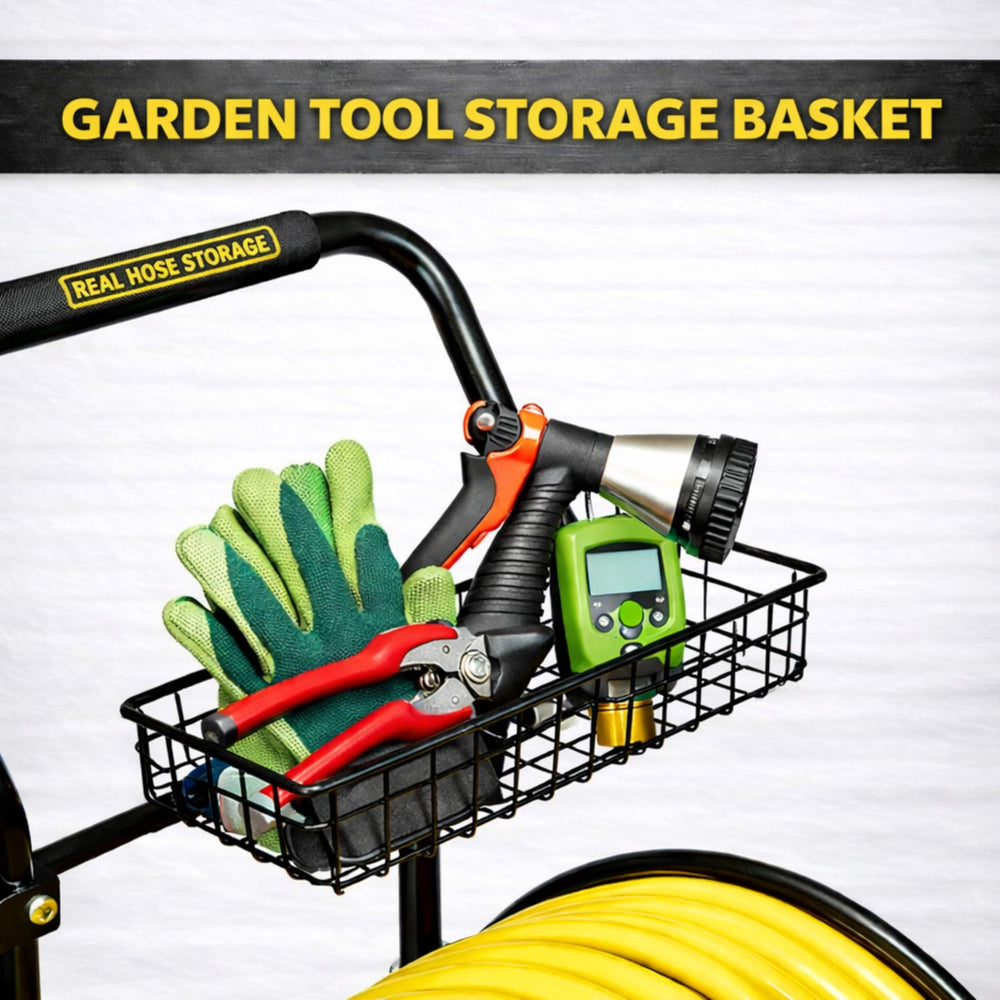 Real Hose Storage storage basket filled with garden tools for convenient on-cart organization