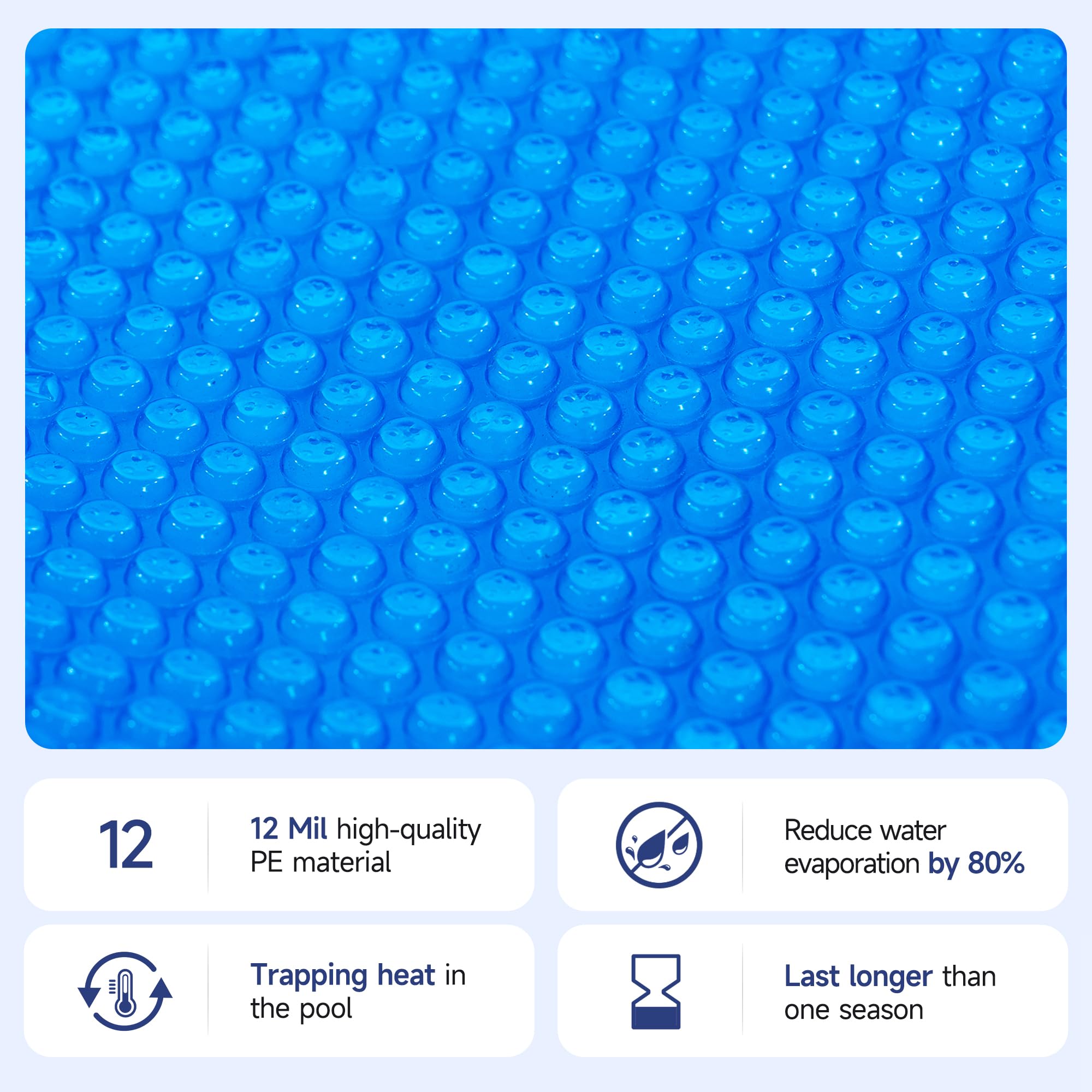 Real Relax solar cover laid across entire pool surface reducing debris and warming water