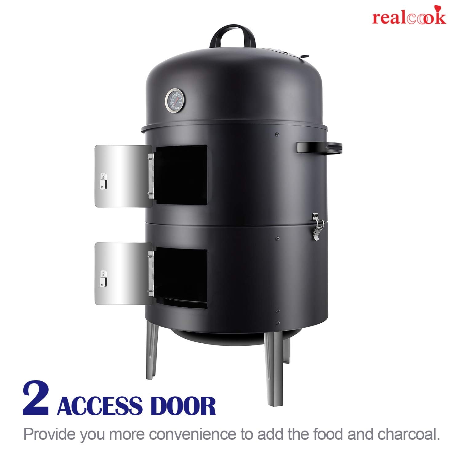 Realcook smoker beside chair showing 17 inch vertical scale and compact footprint