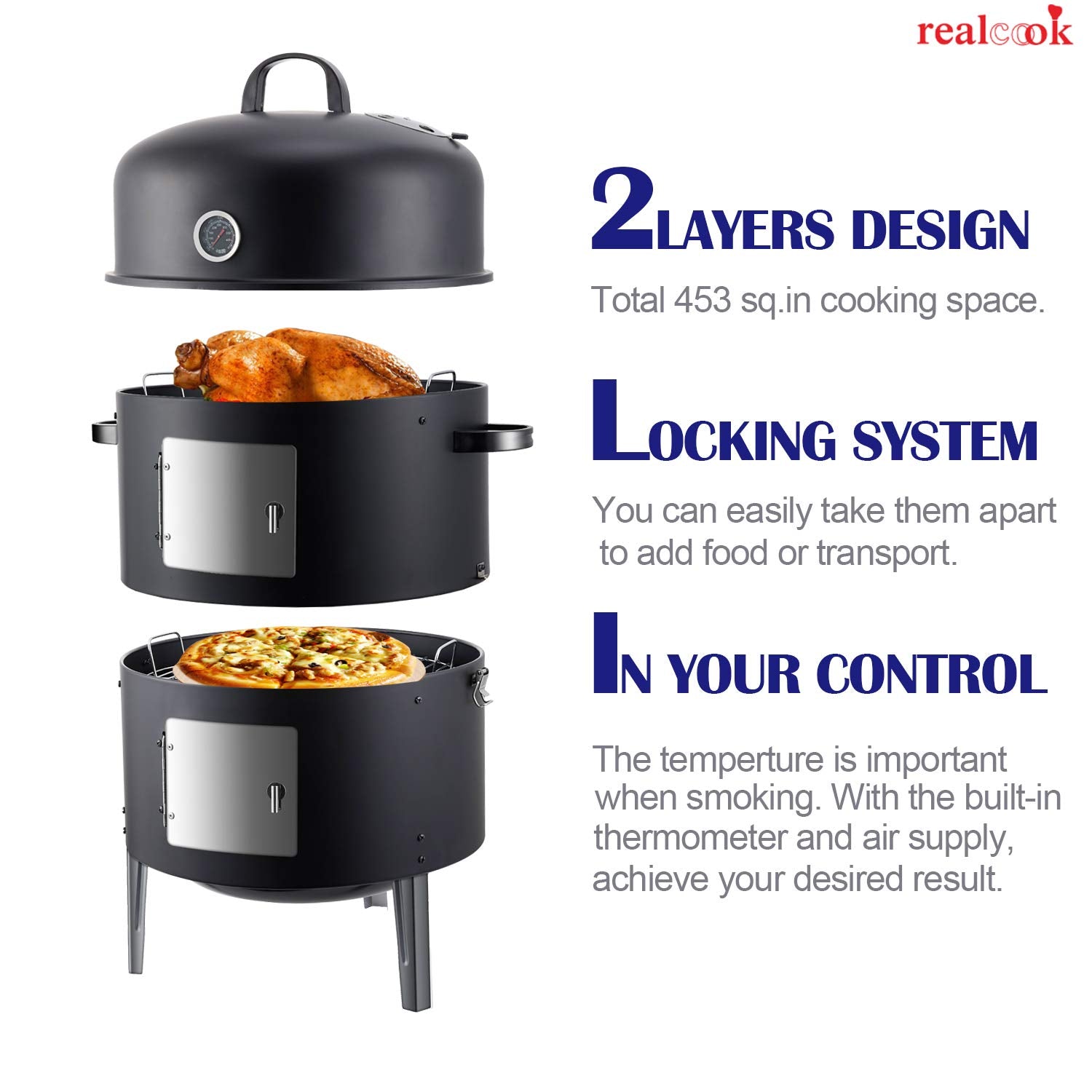 Realcook porcelain-enameled water and charcoal pans for stable heat and moisture