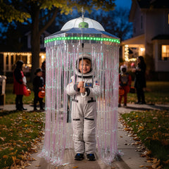 Realspring assembled UFO umbrella front view showing glowing dome and costume appeal