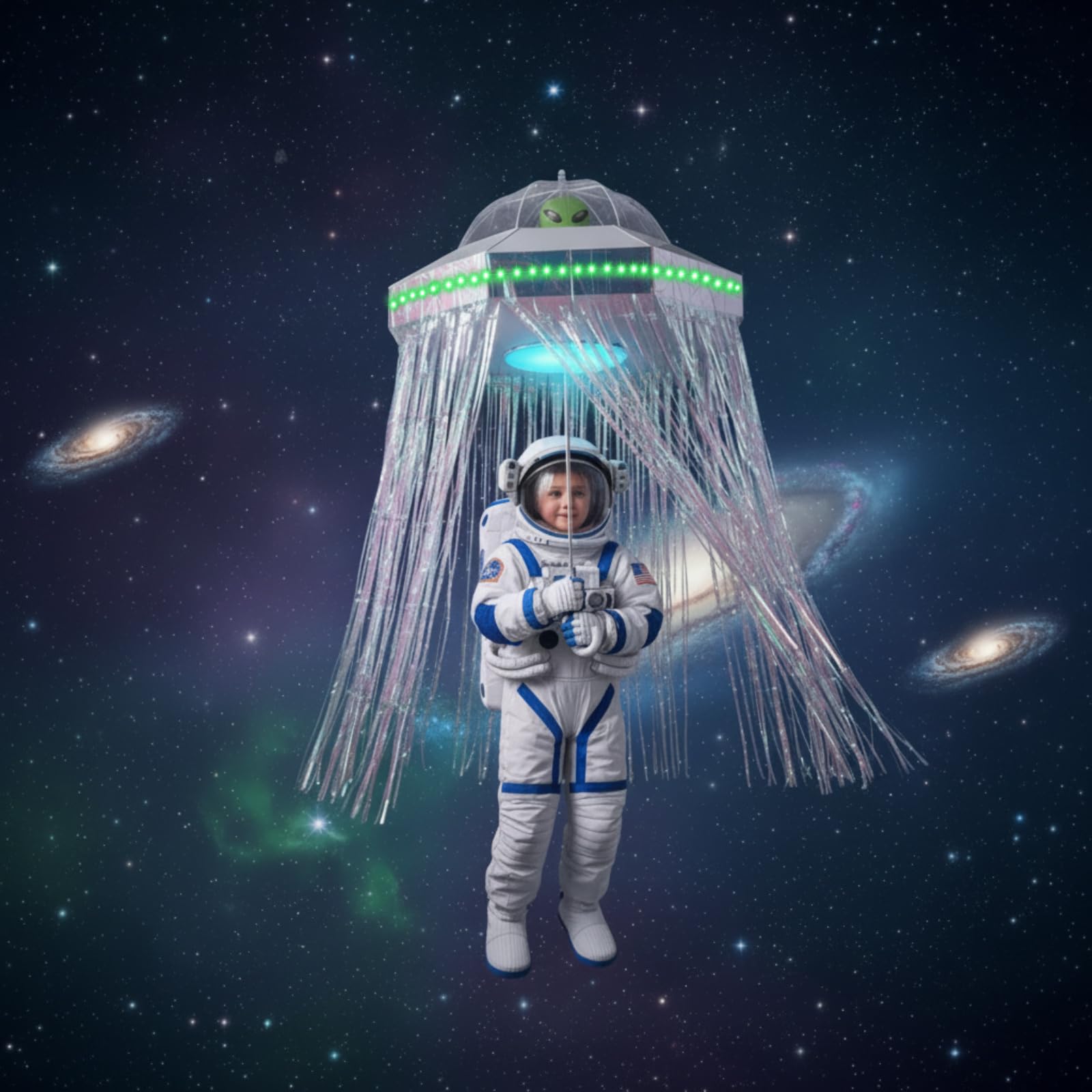 Realspring night display lifestyle scene of assembled UFO costume lighting a yard