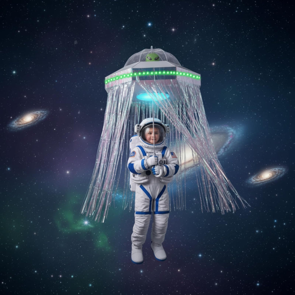 Realspring night display lifestyle scene of assembled UFO costume lighting a yard