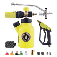 REALYOU front assembly showing foam cannon and bottle, highlights easy setup