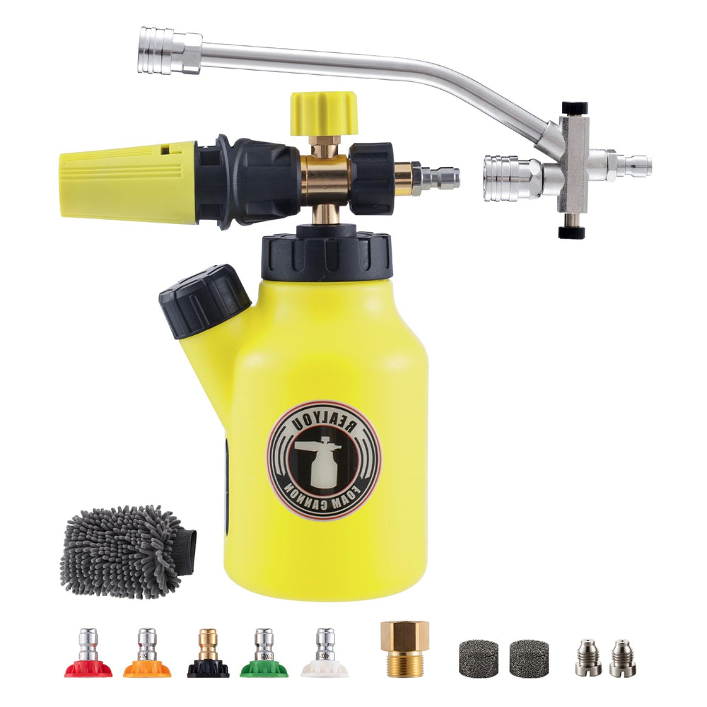 REALYOU foam cannon front view showing the assembled unit and quick-connect benefit