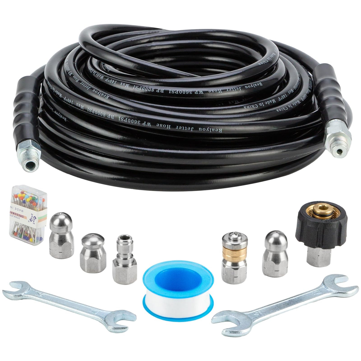 REALYOU front packaging showing the 50FT sewer jetter kit and included parts benefiting quick identification