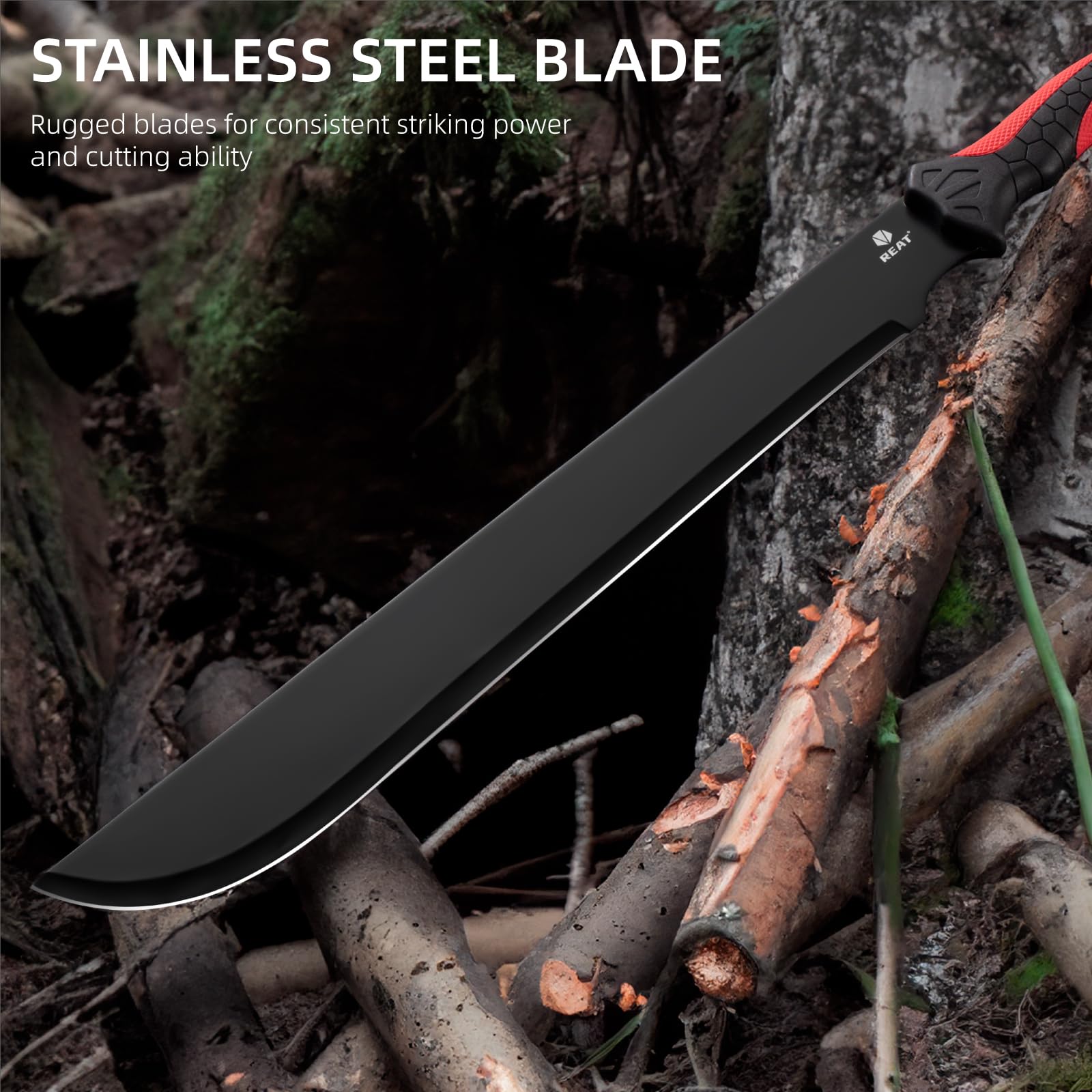 REAT machete blade close-up highlighting 420 stainless steel edge for long-lasting sharpness