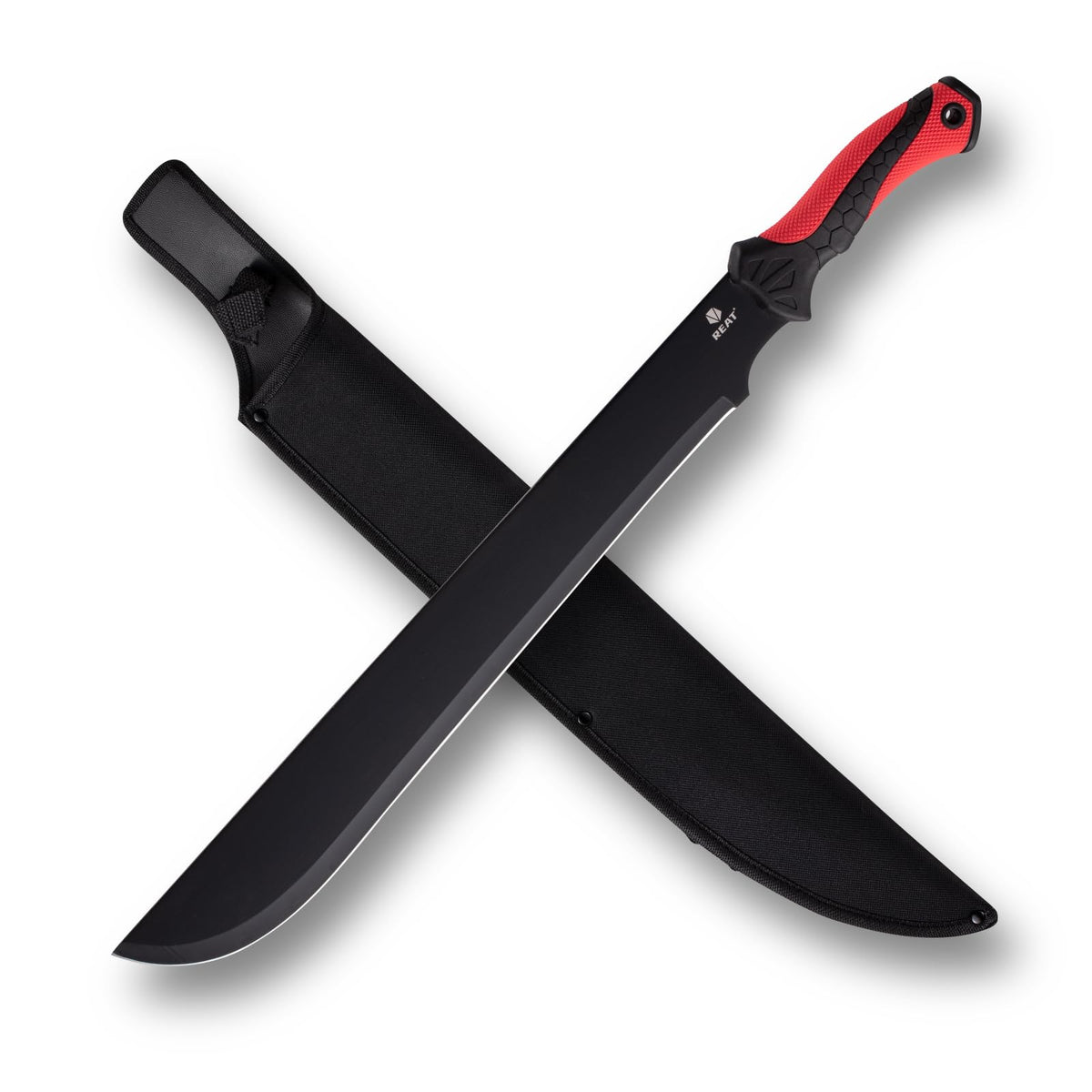 REAT machete front view showing full tang blade and red handle for reliable cutting