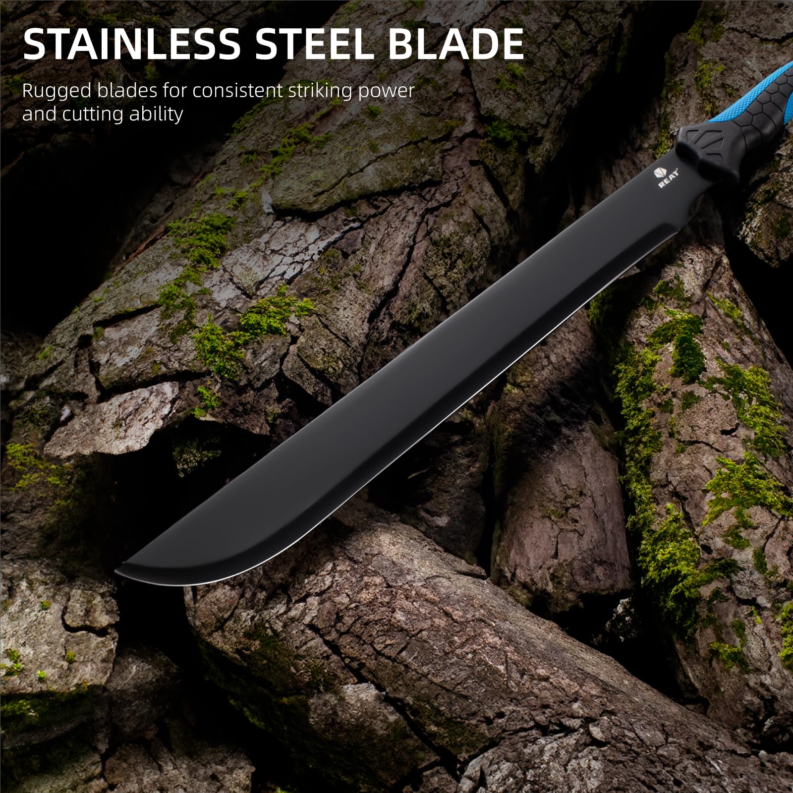 REAT machete handle closeup highlighting non-slip grip for safer swings