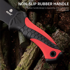 REAT machete handle detail showing ergonomic non-slip rubber grip for secure control