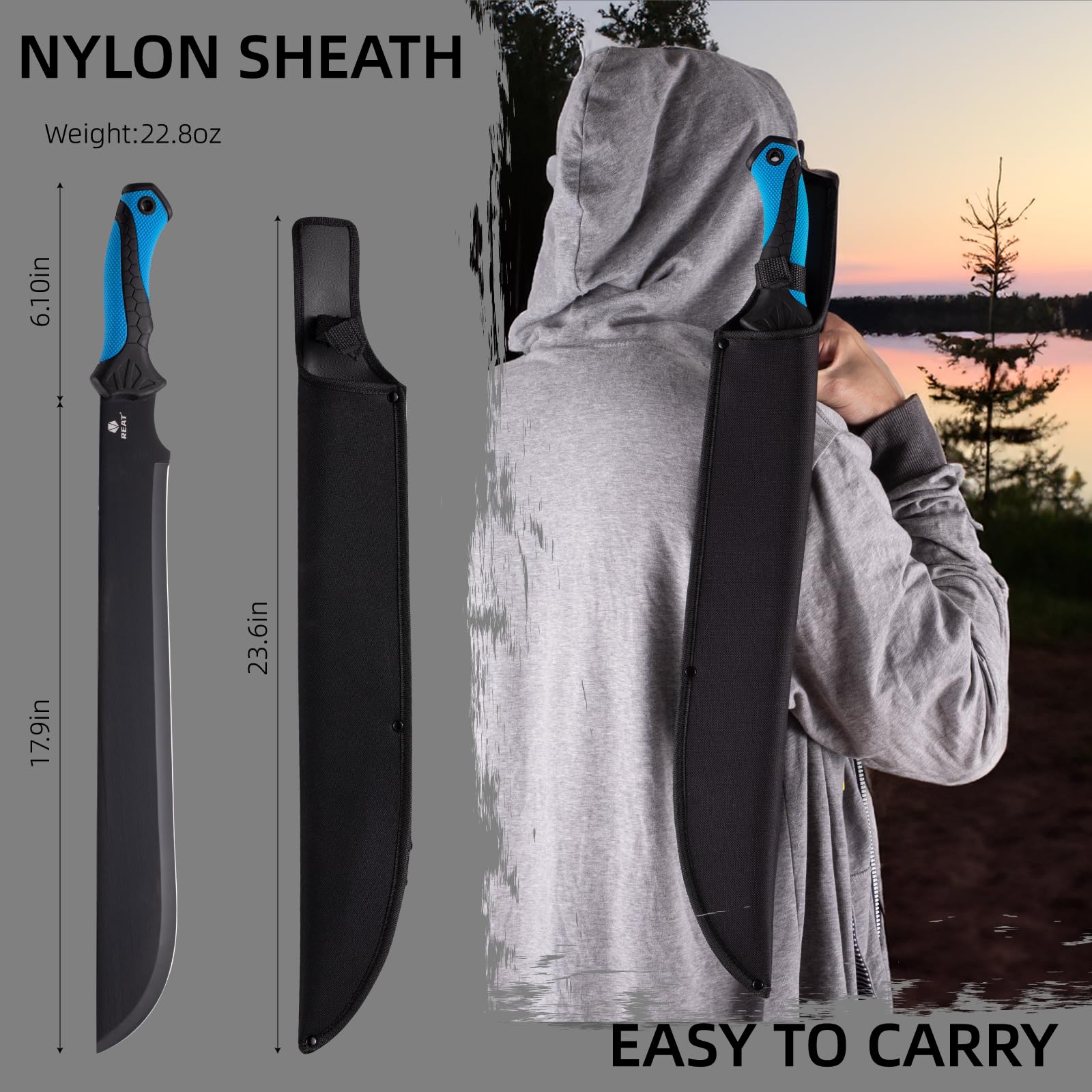REAT machete cutting through brush demonstrating efficient clearing capability