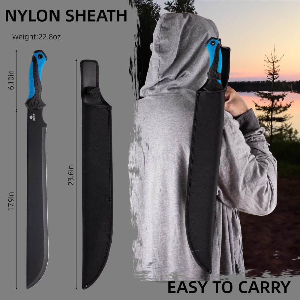 REAT machete cutting through brush demonstrating efficient clearing capability