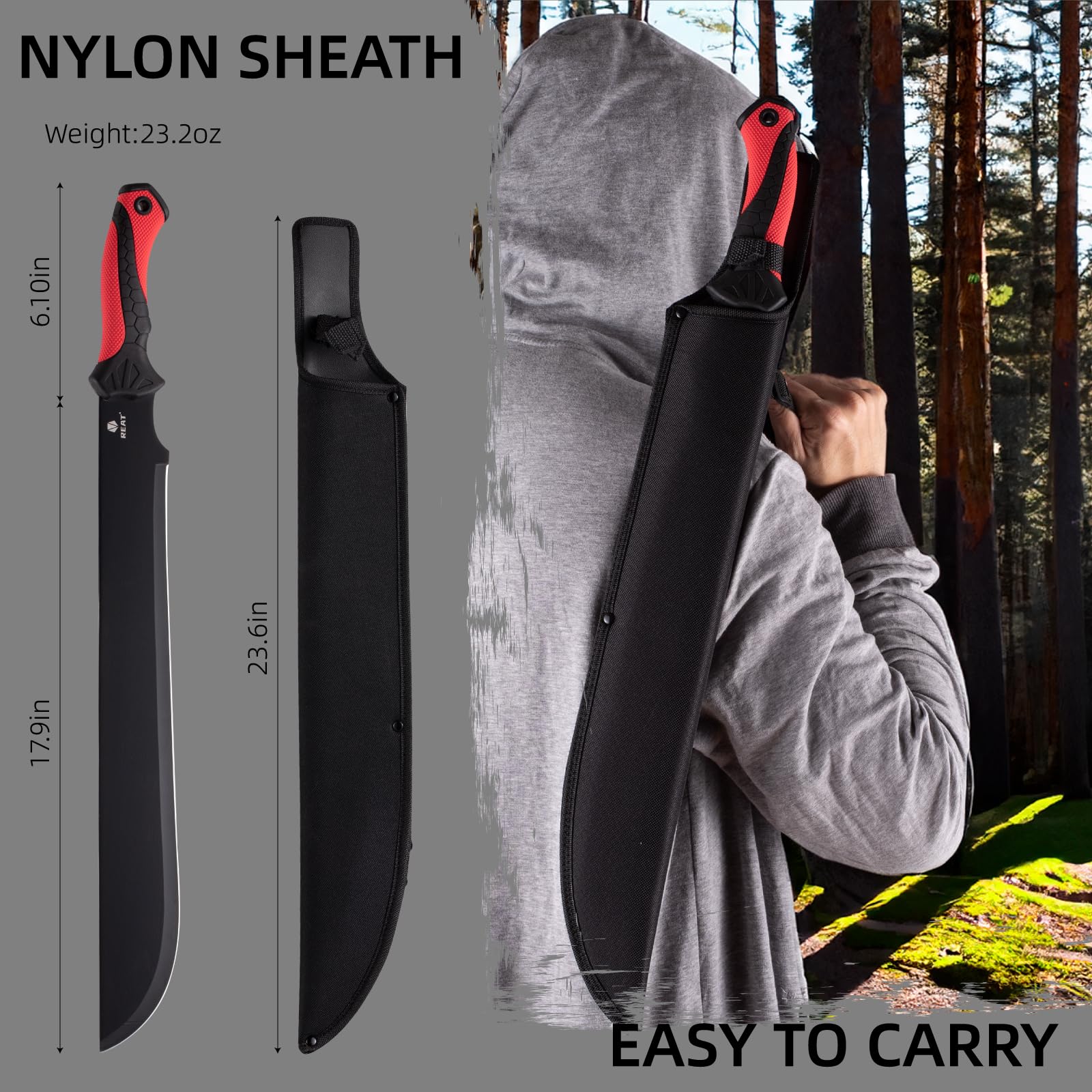 REAT machete cutting through brush demonstrating chopping power and outdoor utility