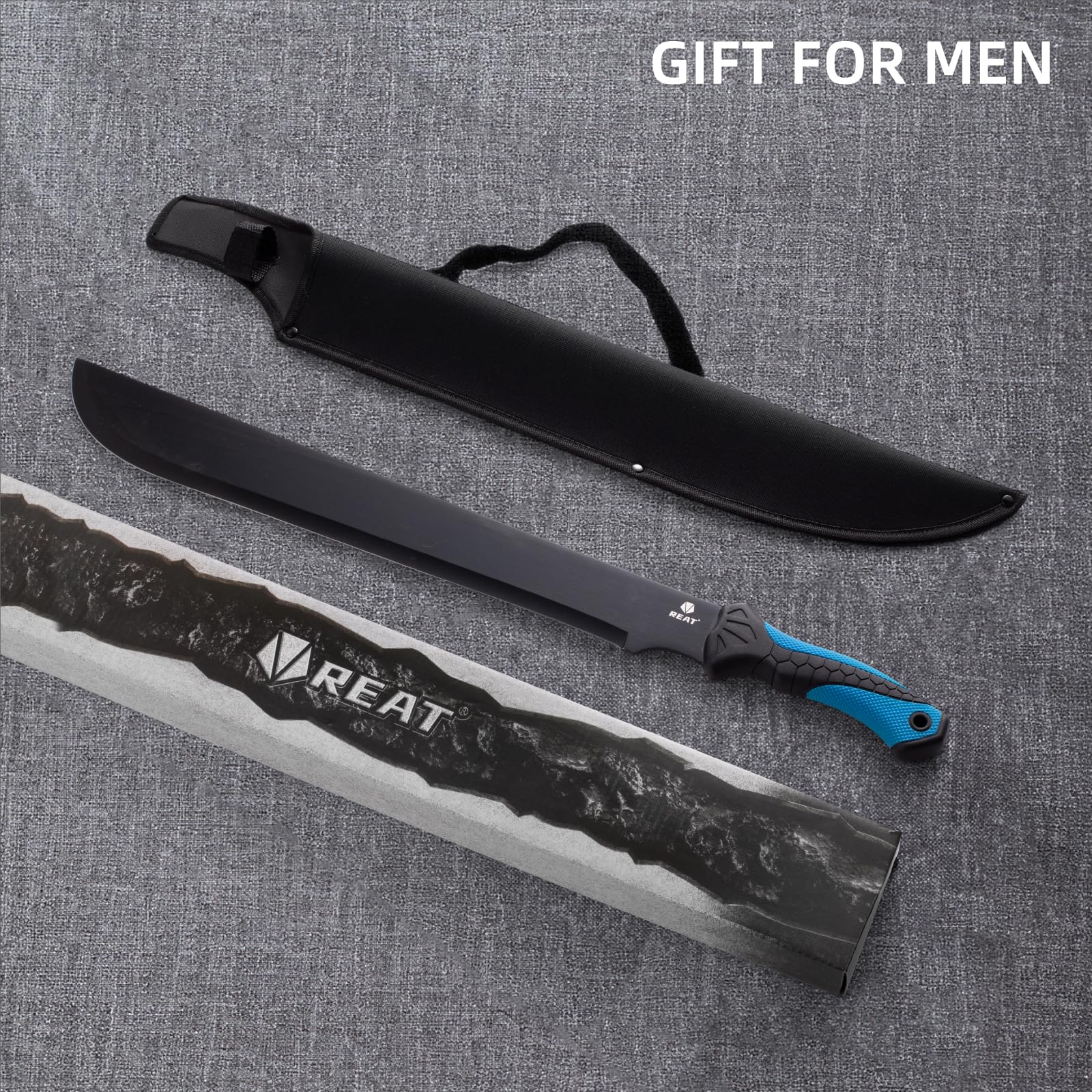REAT machete resting at campsite showing reliable tool for outdoor chores