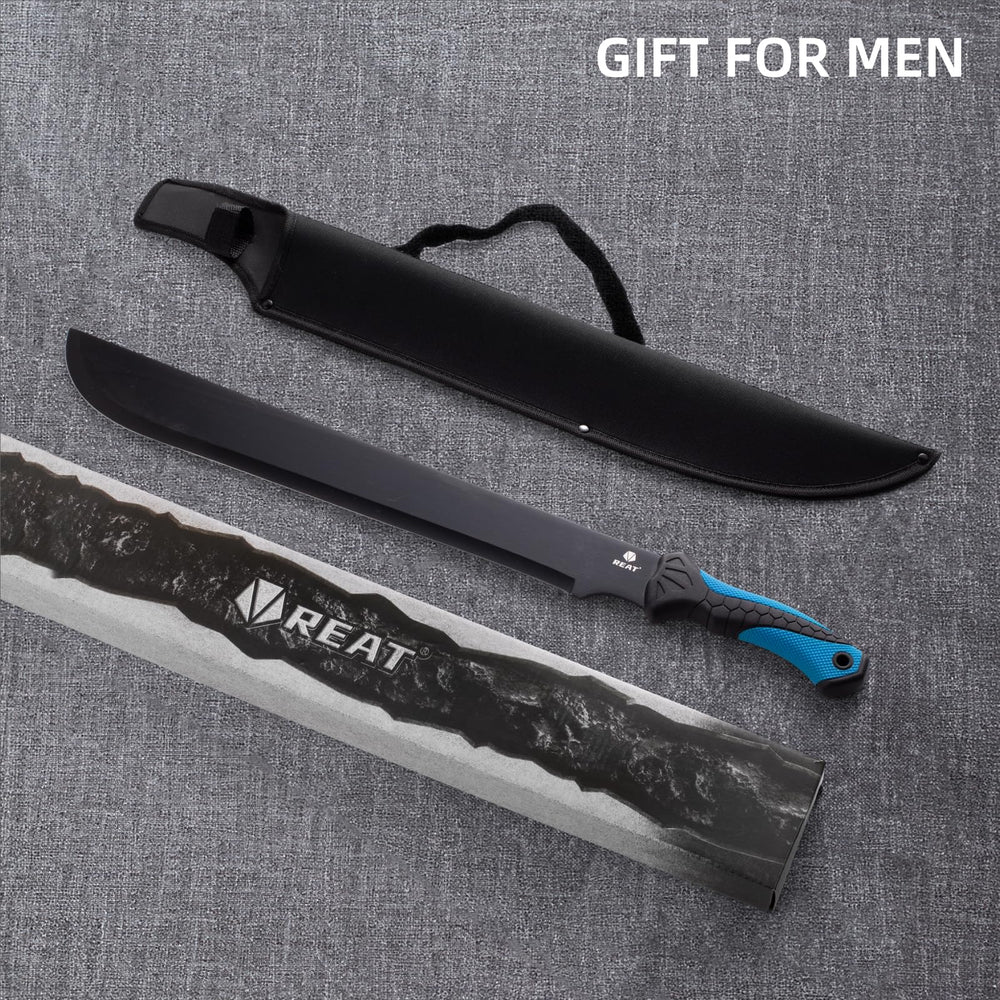 REAT machete resting at campsite showing reliable tool for outdoor chores
