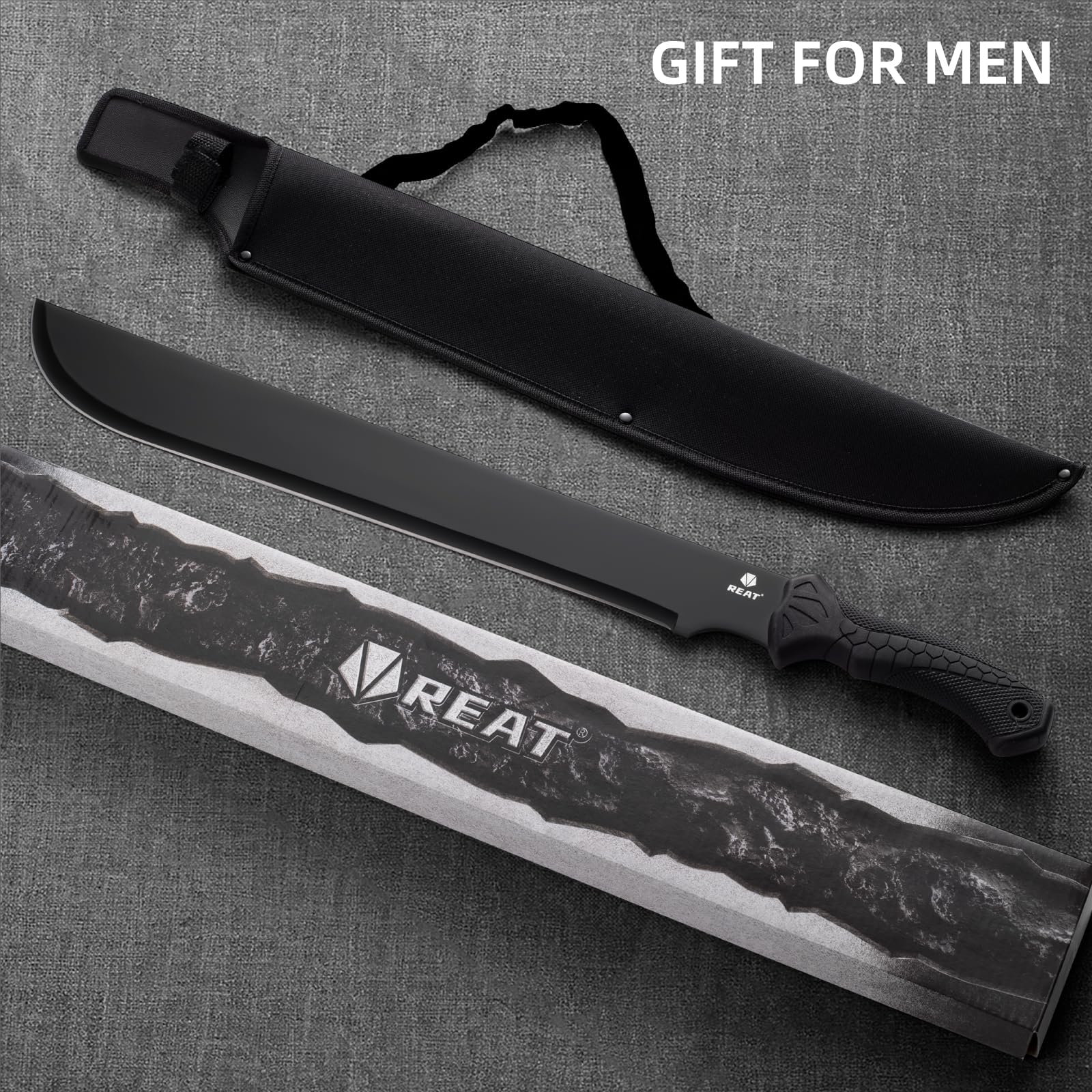 REAT machete on campsite next to gear showing versatile outdoor utility benefit