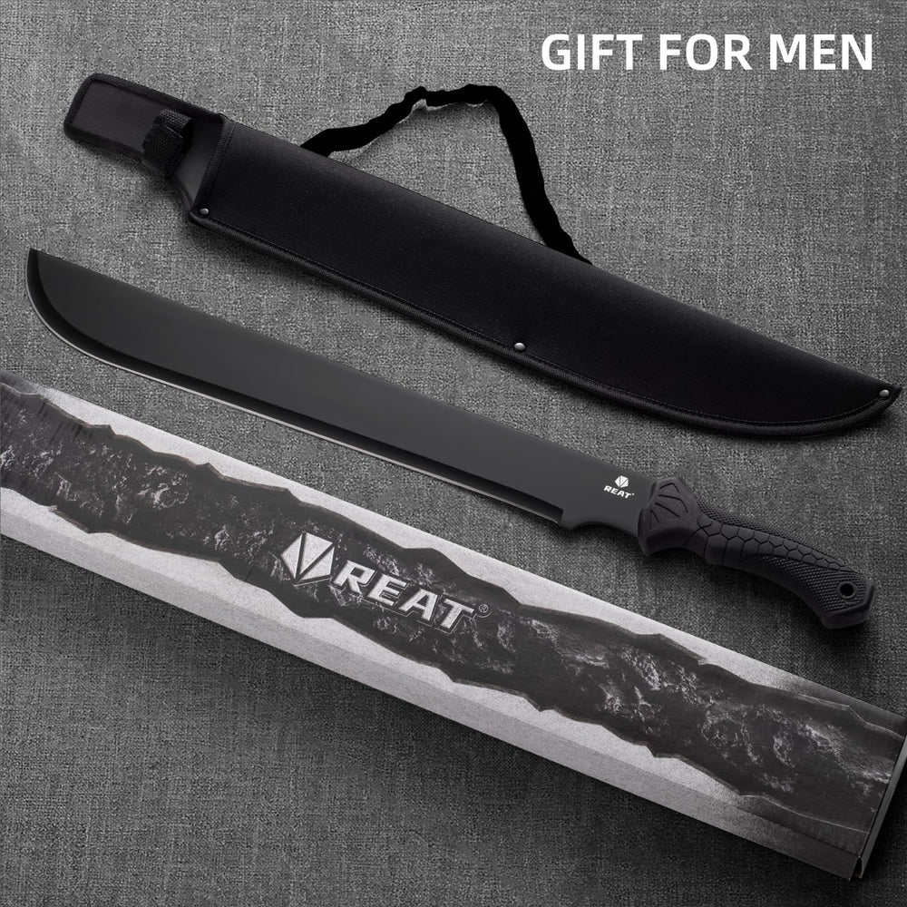 REAT machete on campsite next to gear showing versatile outdoor utility benefit