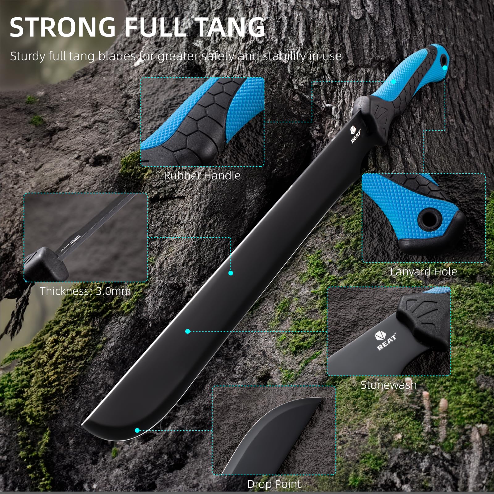 REAT machete secured in sheath for safe transport and quick access