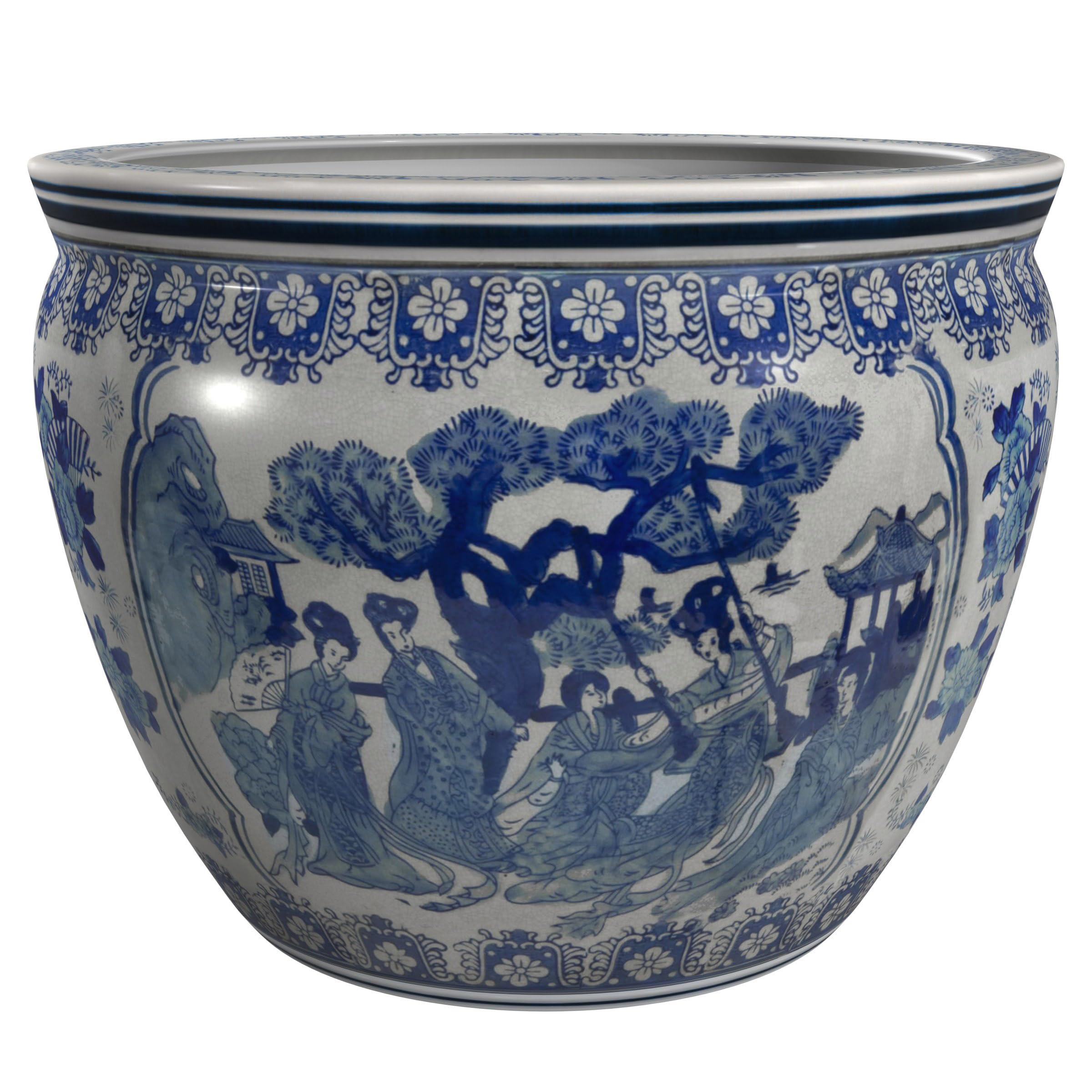 Red Lantern front view of blue and white fishbowl planter showing elegant form