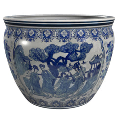 Red Lantern front view of blue and white fishbowl planter showing elegant form