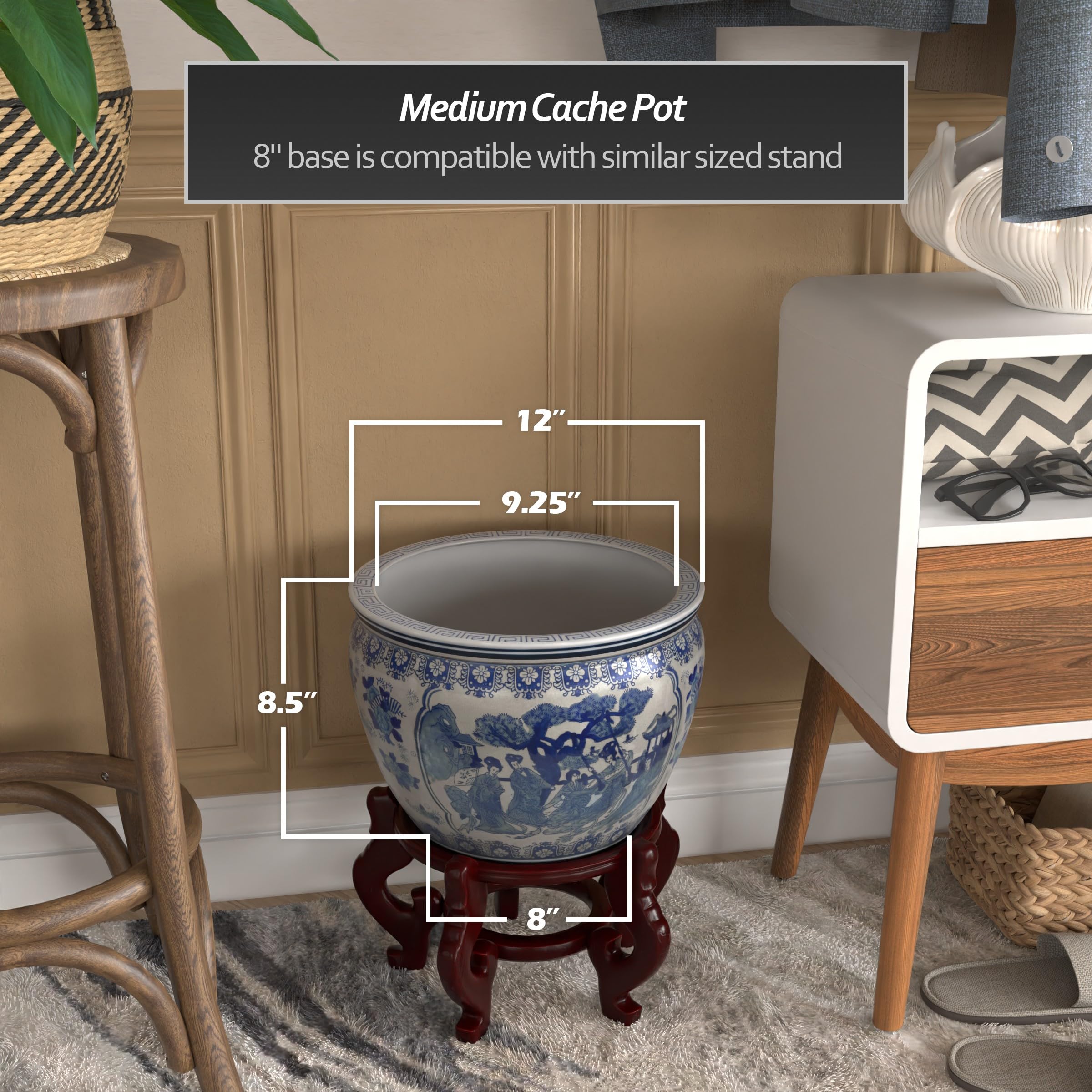 Red Lantern planter in living room with plant, adding instant sculptural interest
