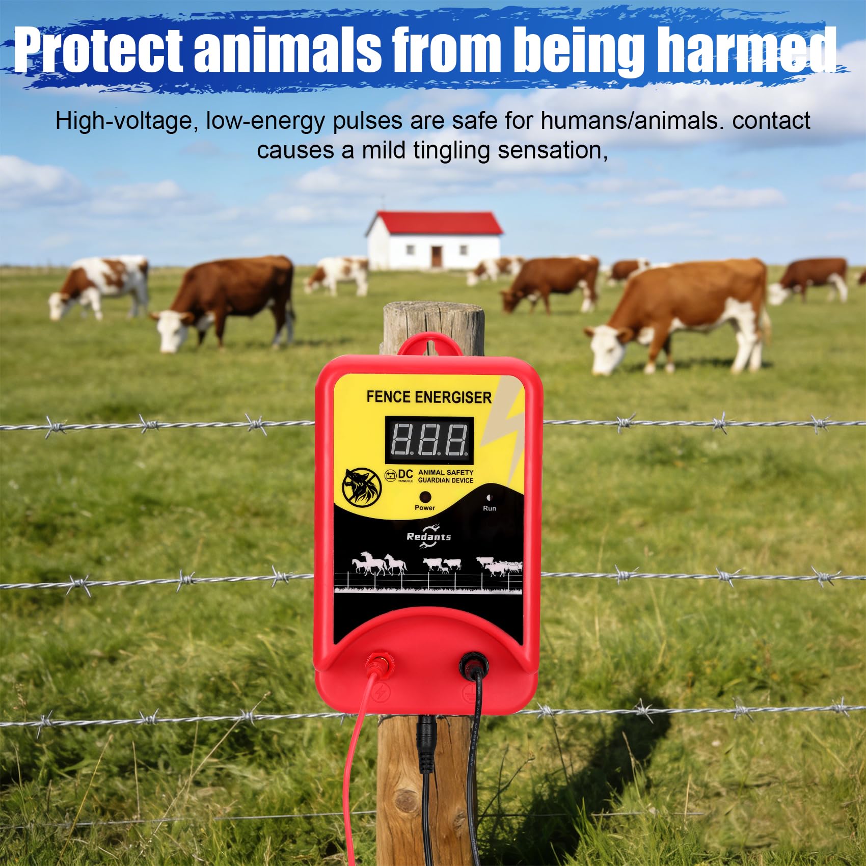 Redants energizer powering a pasture fence demonstrating broad coverage for livestock