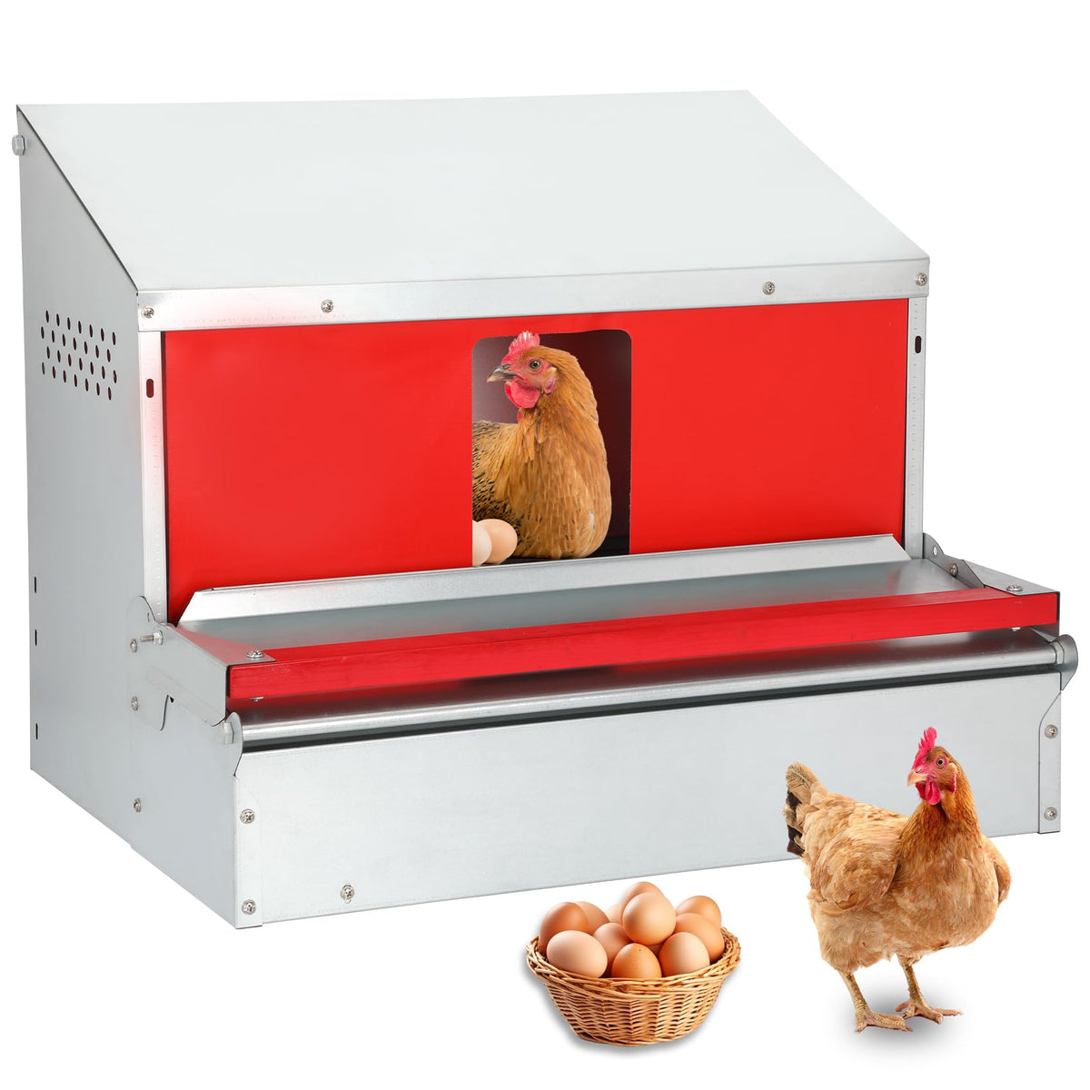 Redants front view of metal nesting box showing roll‑away tray and mount points for easy collection