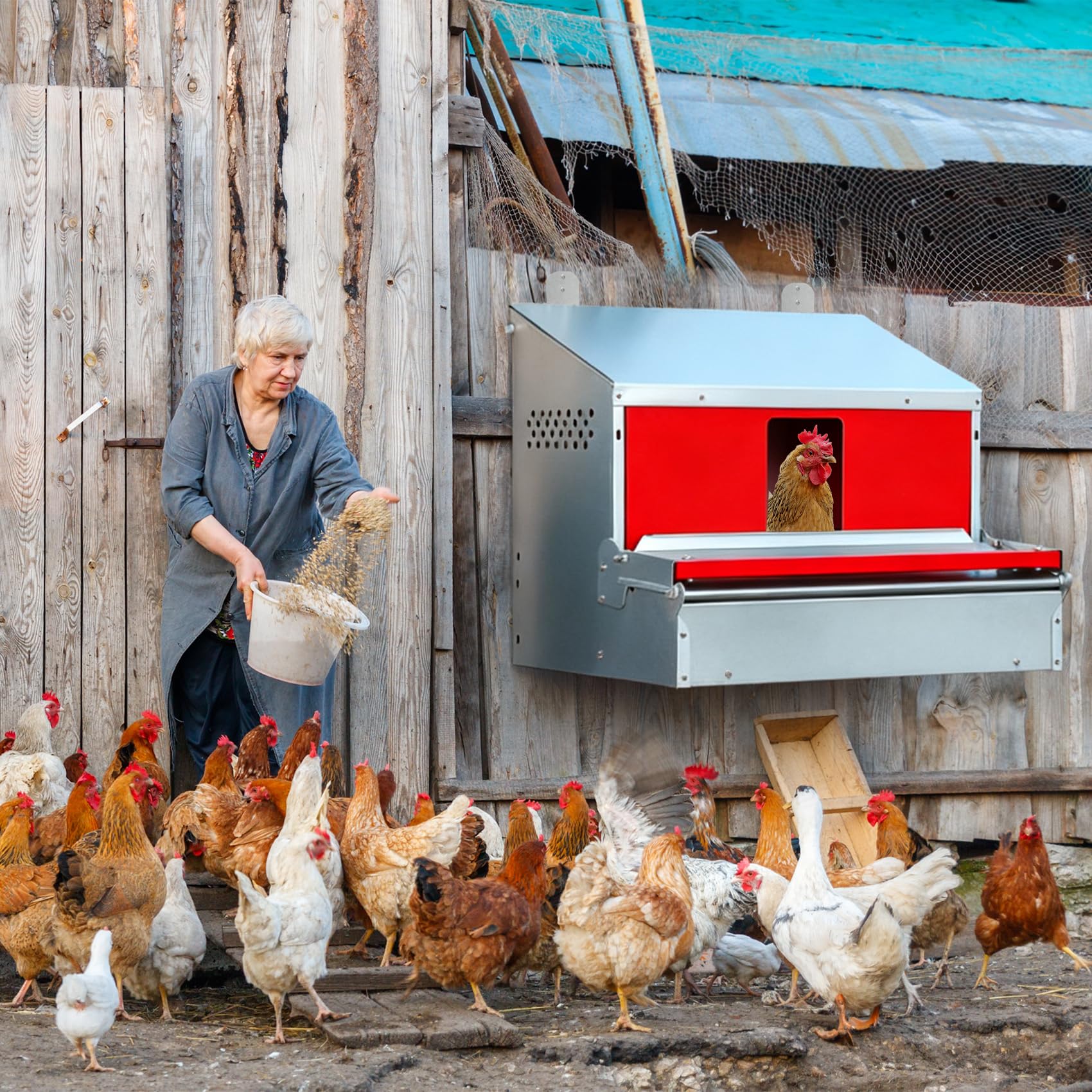Redants nesting box beside hens for scale illustrating capacity for multiple birds and roomy interior