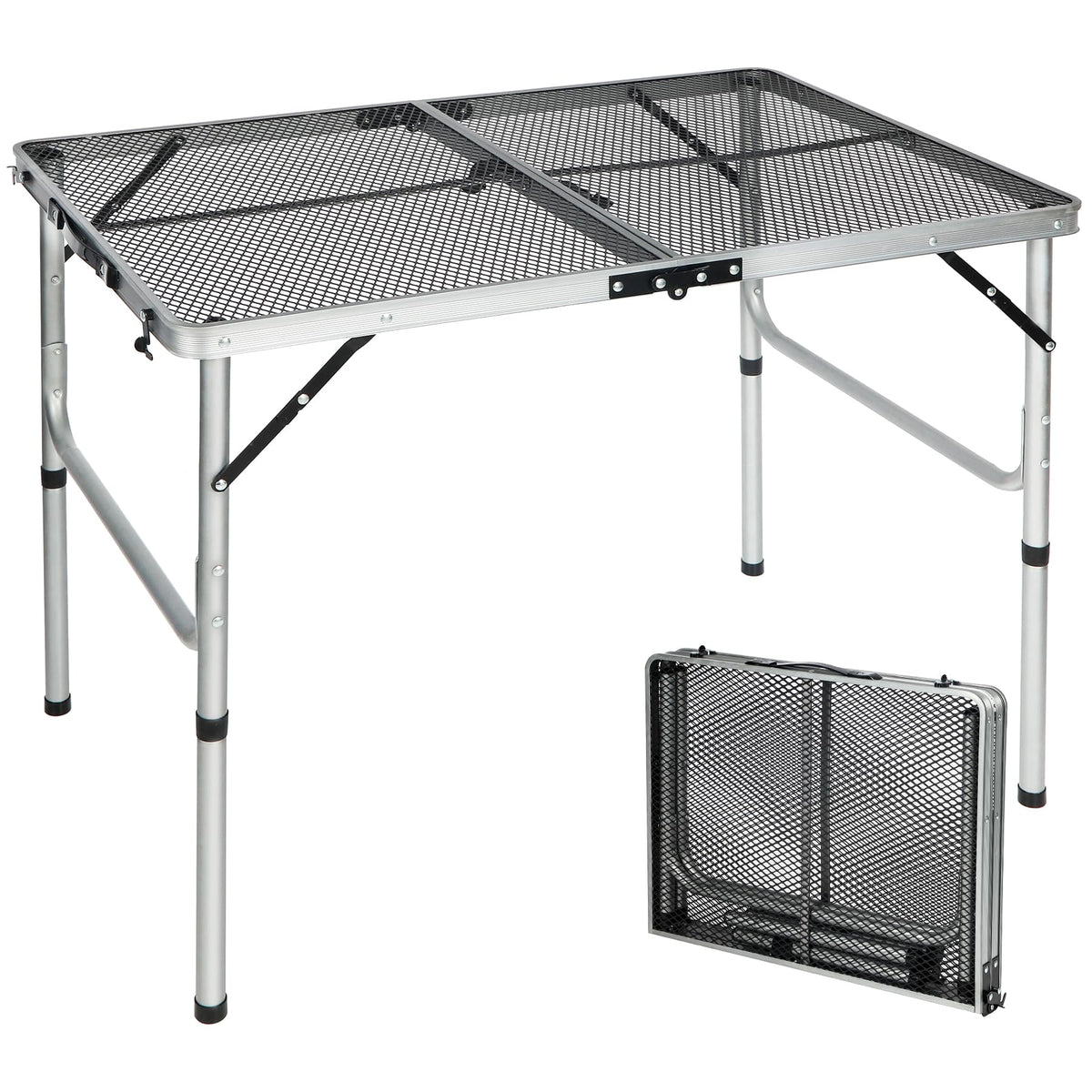 REDCAMP front view of 36x24 folding grill table showing compact silver design and sturdy frame