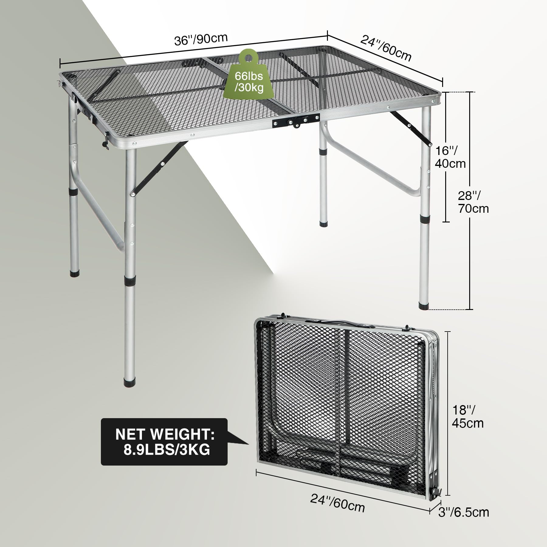REDCAMP close-up of iron mesh tabletop showing heat resistance and airflow benefits
