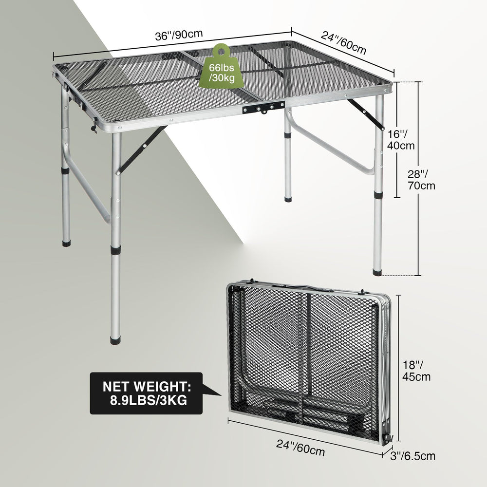 REDCAMP close-up of iron mesh tabletop showing heat resistance and airflow benefits