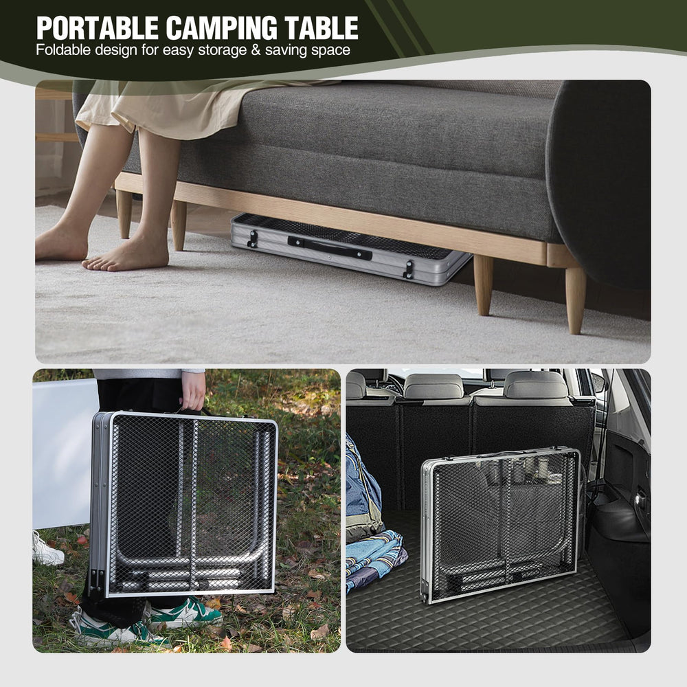 REDCAMP storage bag and mesh basket mounted under table for organized gear storage