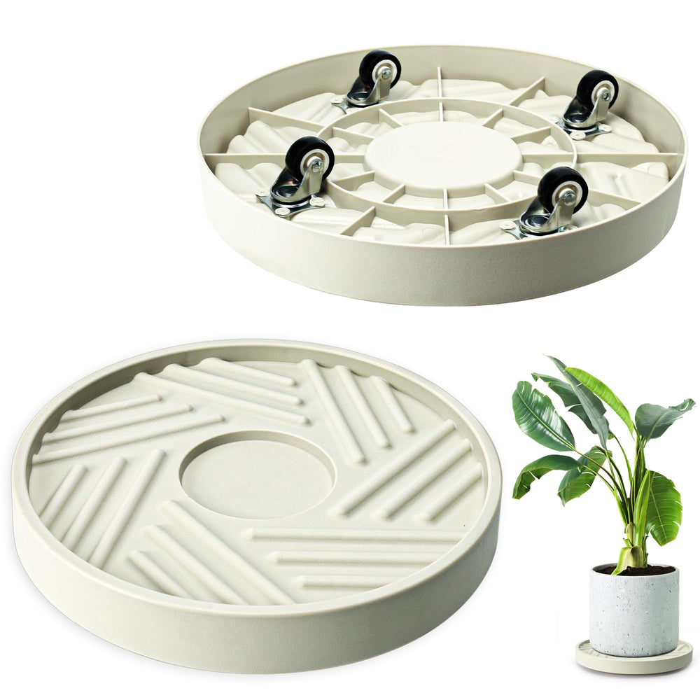 REDHUGO beige plant caddy front view shows compact, elegant mobility benefit