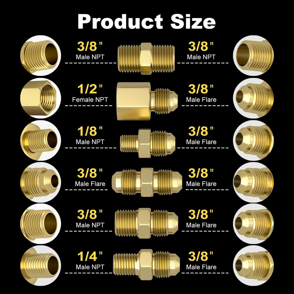 REDPANT close-up of six solid brass adapters highlighting leak-resistant connections