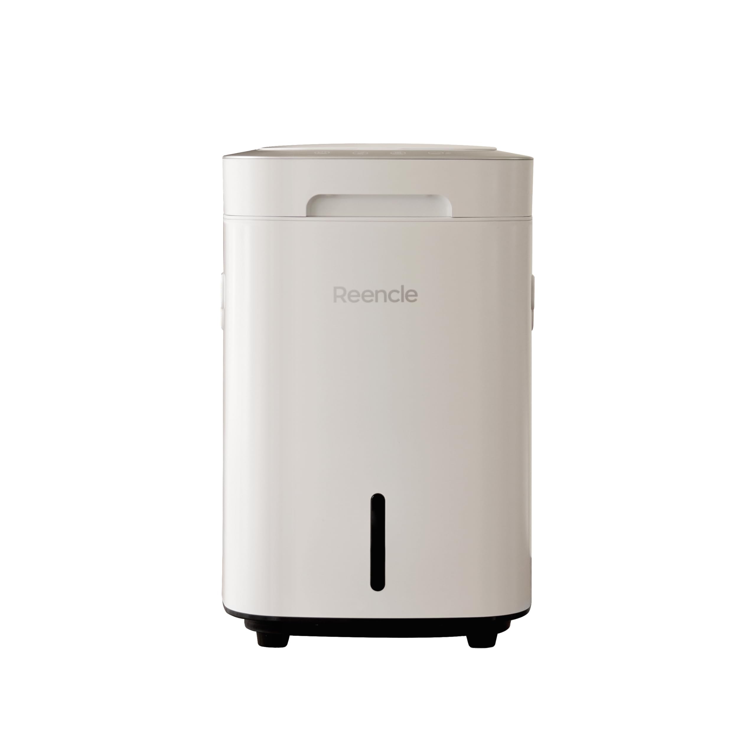 Reencle front view showing compact white 14L unit and benefits of countertop convenience
