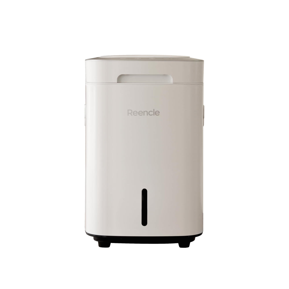 Reencle front view showing compact white 14L unit and benefits of countertop convenience