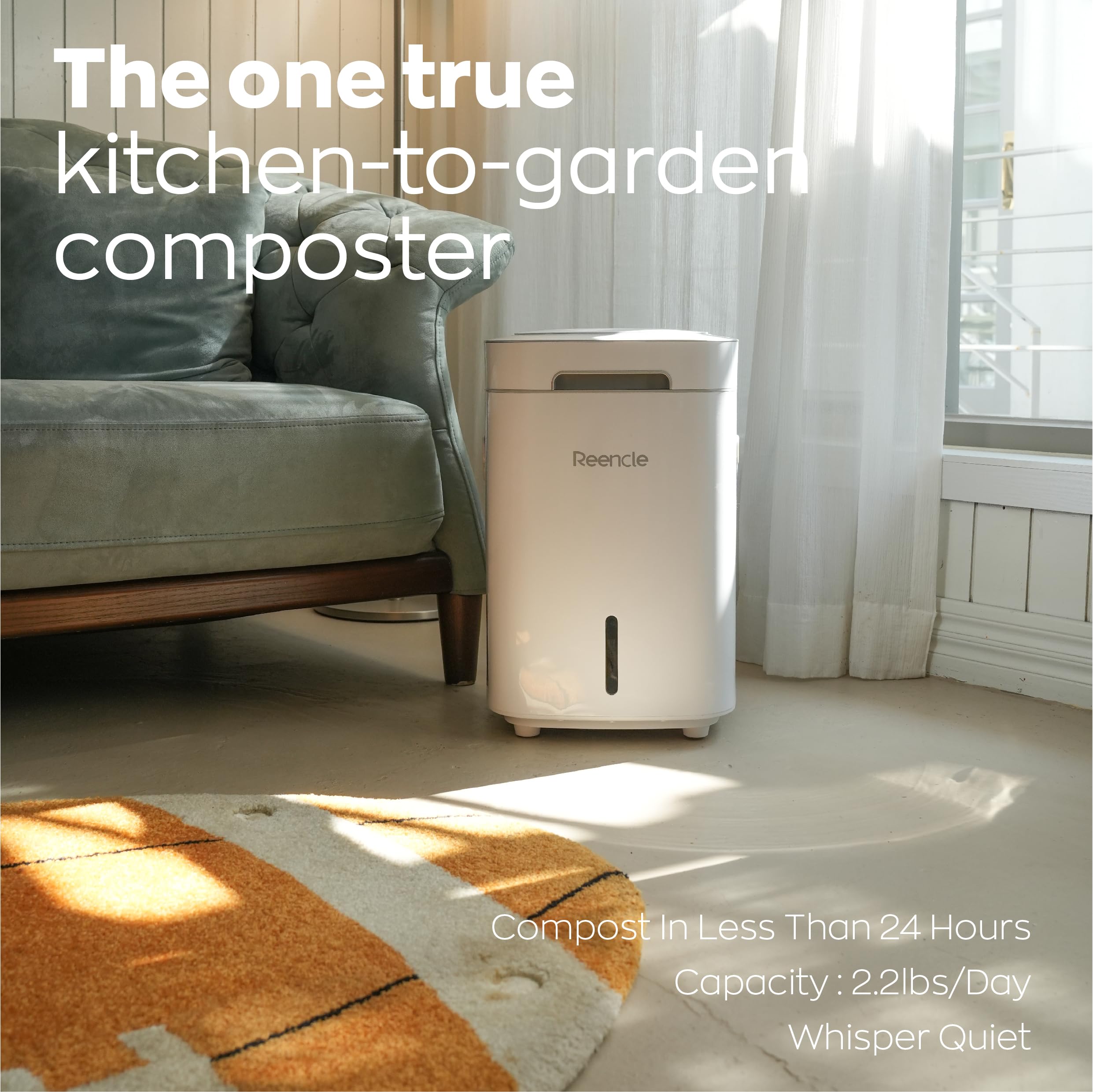 Reencle in kitchen lifestyle scene demonstrating odor-free composting for apartment users