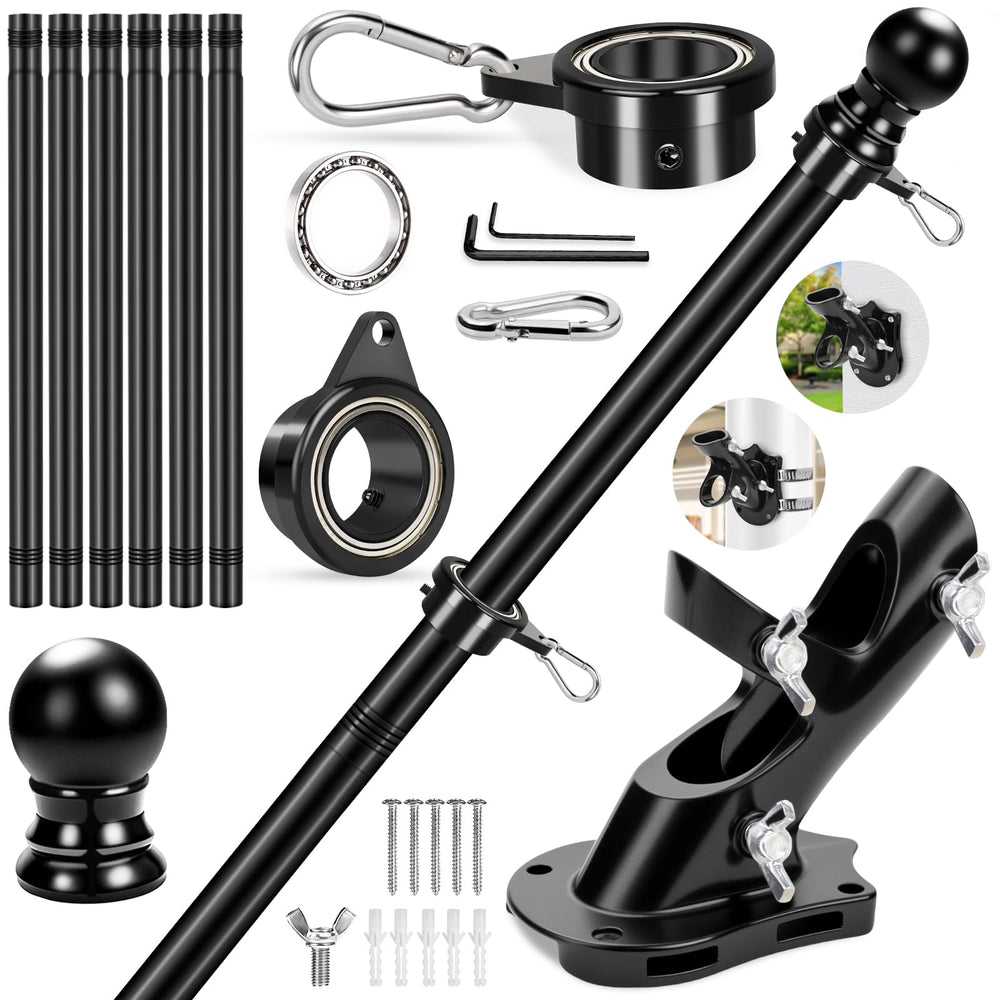 REERON front view of 7ft black flag pole kit showing complete assembly and benefits