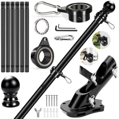 REERON front view of 7ft black flag pole kit showing complete assembly and benefits