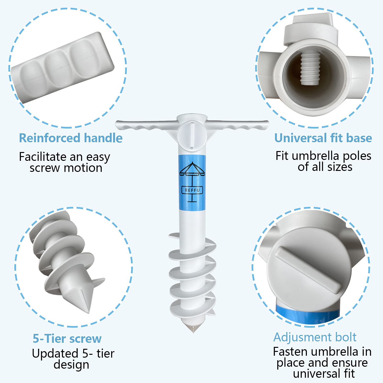 REFFU anchor installed in sand holding umbrella steady demonstrating wind resistance benefit